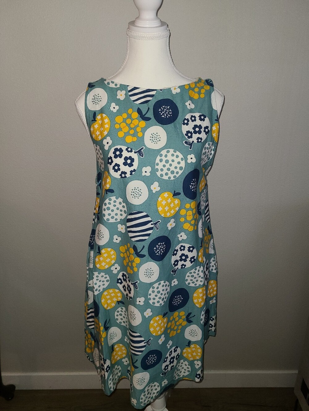 Handmade Linen Apple Print Teacher Dress Size L Pockets Cottagecore Retro Artsy
